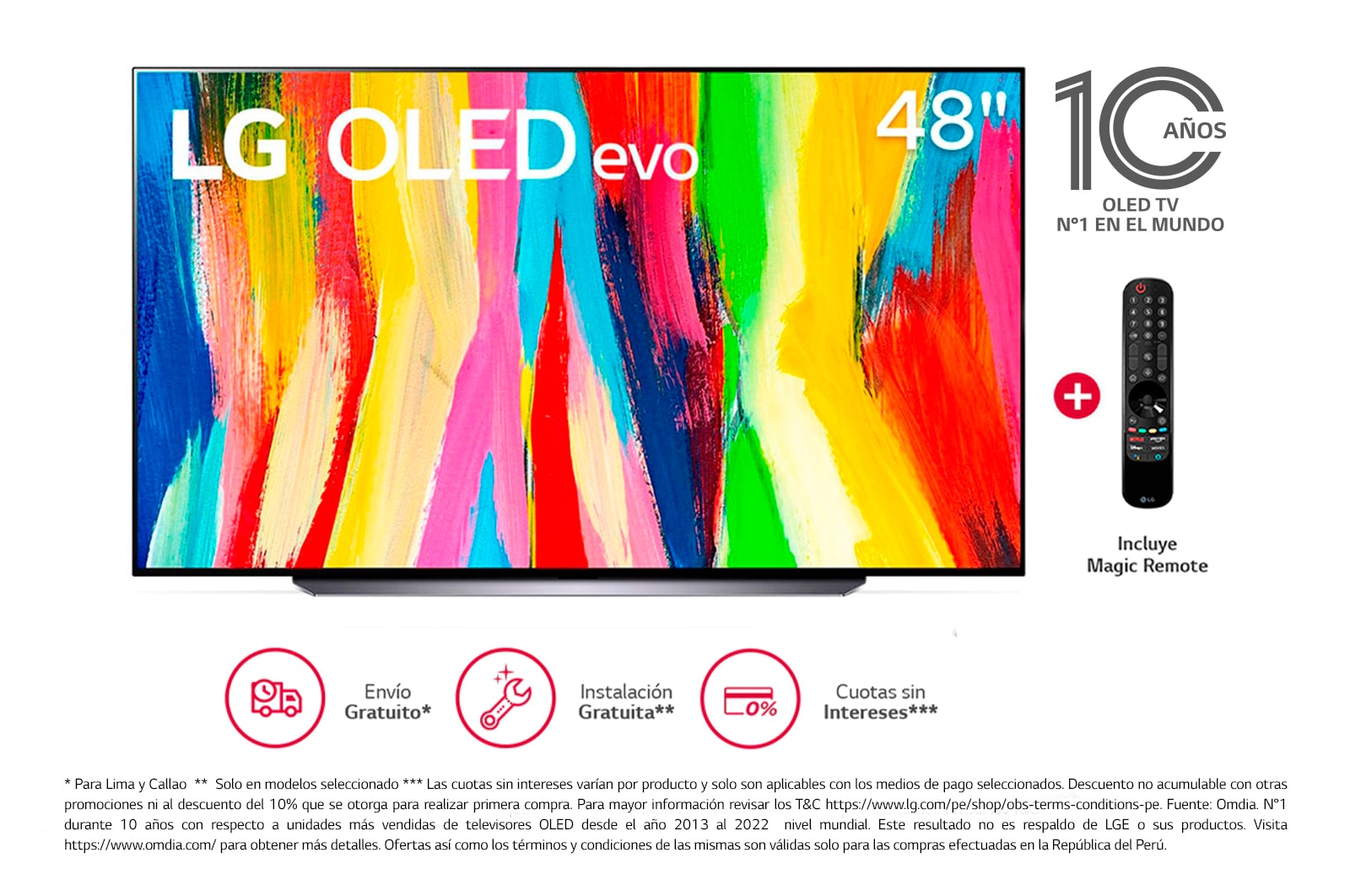 LG OLED evo 48'' C2 4K Smart TV con ThinQ AI (Inteligencia Artificial), 4K Procesador Inteligente α9 generación 5, OLED48C2PSA