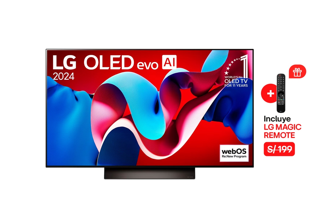 Vista frontal con LG OLED evo AI TV, OLED C4, 11 años del logotipo OLED Emblem número 1 del mundo y logotipo de webOS Re:New Program en pantalla