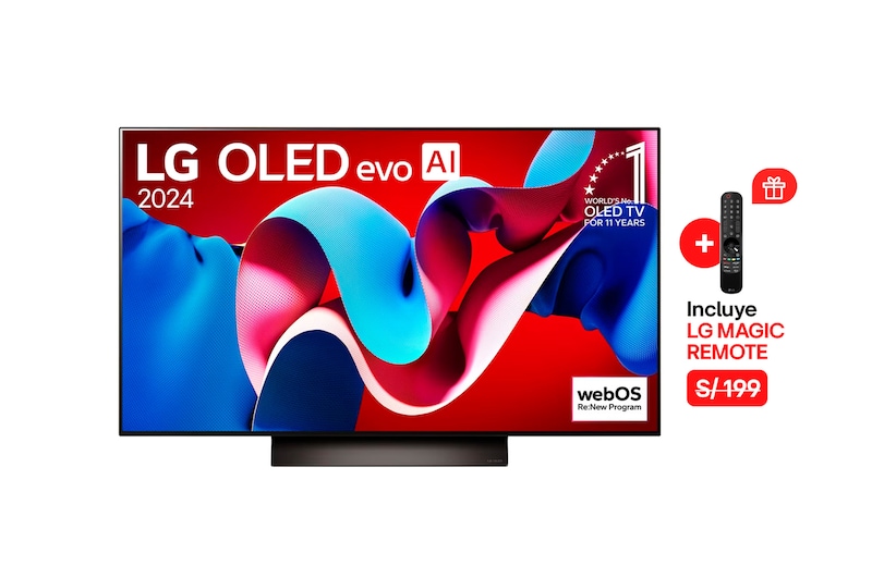 Vista frontal con LG OLED evo AI TV, OLED C4, 11 años del logotipo OLED Emblem número 1 del mundo y logotipo de webOS Re:New Program en pantalla