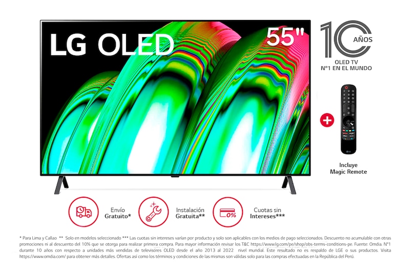 LG OLED 55'' A2 4K Smart TV con ThinQ AI (Inteligencia Artificial), 4K Procesador Inteligente α7 generación 5, OLED55A2PSA