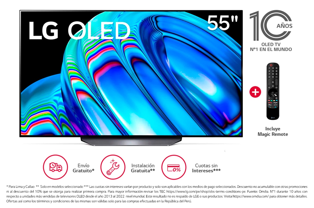 LG OLED 55'' B2 4K Smart TV con ThinQ AI (Inteligencia Artificial), 4K Procesador Inteligente α7 generación 5, OLED55B2PSA
