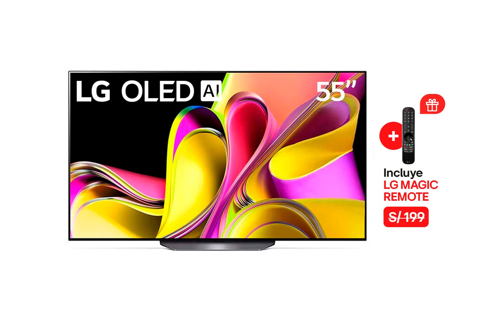 Vista frontal de  LG OLED 55" B3 4K Smart TV con ThinQ AI (Inteligencia Artificial), 4K Procesador Inteligente α7 generación 6 (2023) OLED55B3PSA