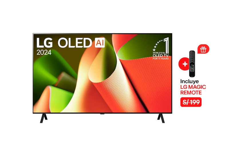 Vista frontal con LG OLED TV, OLED AI B4, 11 años del OLED Emblem número 1 del mundo y logotipo de webOS Re:New Program en pantalla con soporte de 2 polos