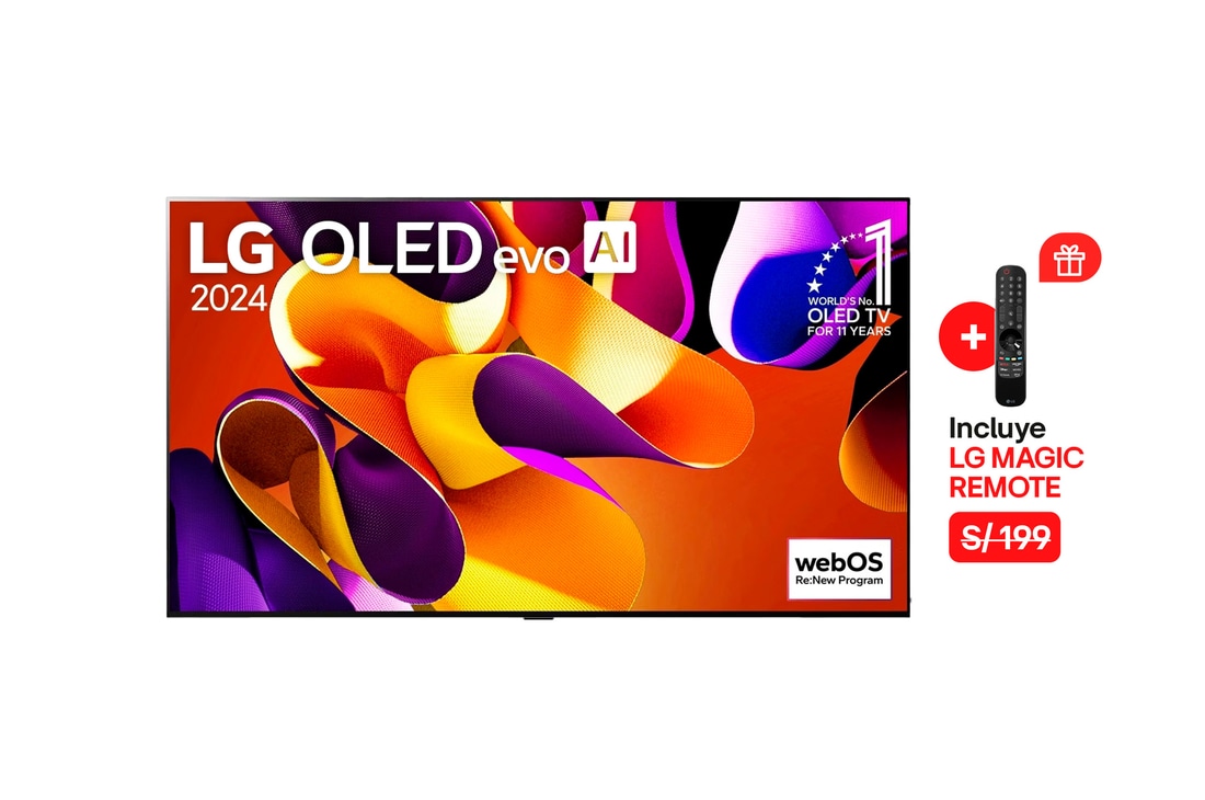 Vista frontal con LG OLED evo AI TV, OLED G4, 11 años del OLED Emblem número 1 del mundo y logotipo de webOS Re:New Program en pantalla, así como la Soundbar debajo
