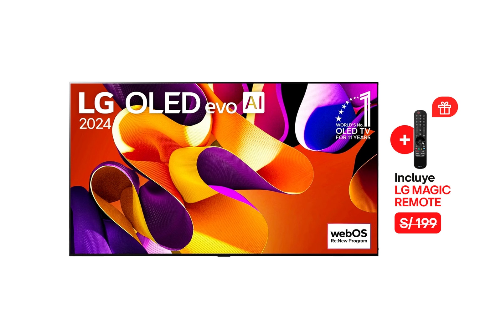 Vista frontal con LG OLED evo AI TV, OLED G4, 11 años del OLED Emblem número 1 del mundo y logotipo de webOS Re:New Program en pantalla