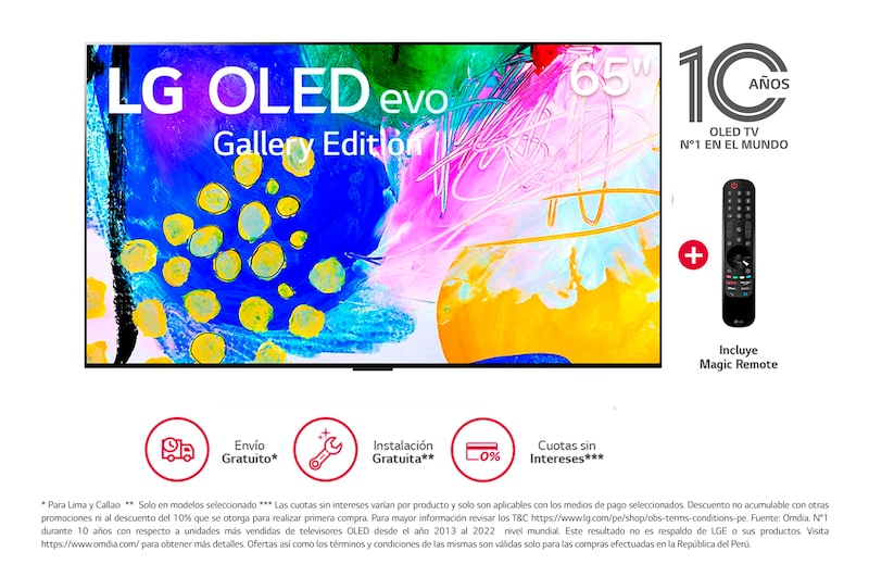 Vista frontal de LG OLED evo 65'' G2 Diseño Galería 4K Smart TV con ThinQ AI (Inteligencia Artificial), 4K Procesador Inteligente α9 generación 5 OLED65G2PSA