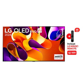Front view with LG OLED evo TV, OLED G4, 11 Years of world number 1 OLED Emblem, webOS Re:New Program logo, and 5-Year Panel Warranty logo on screen, as well as the Soundbar below
