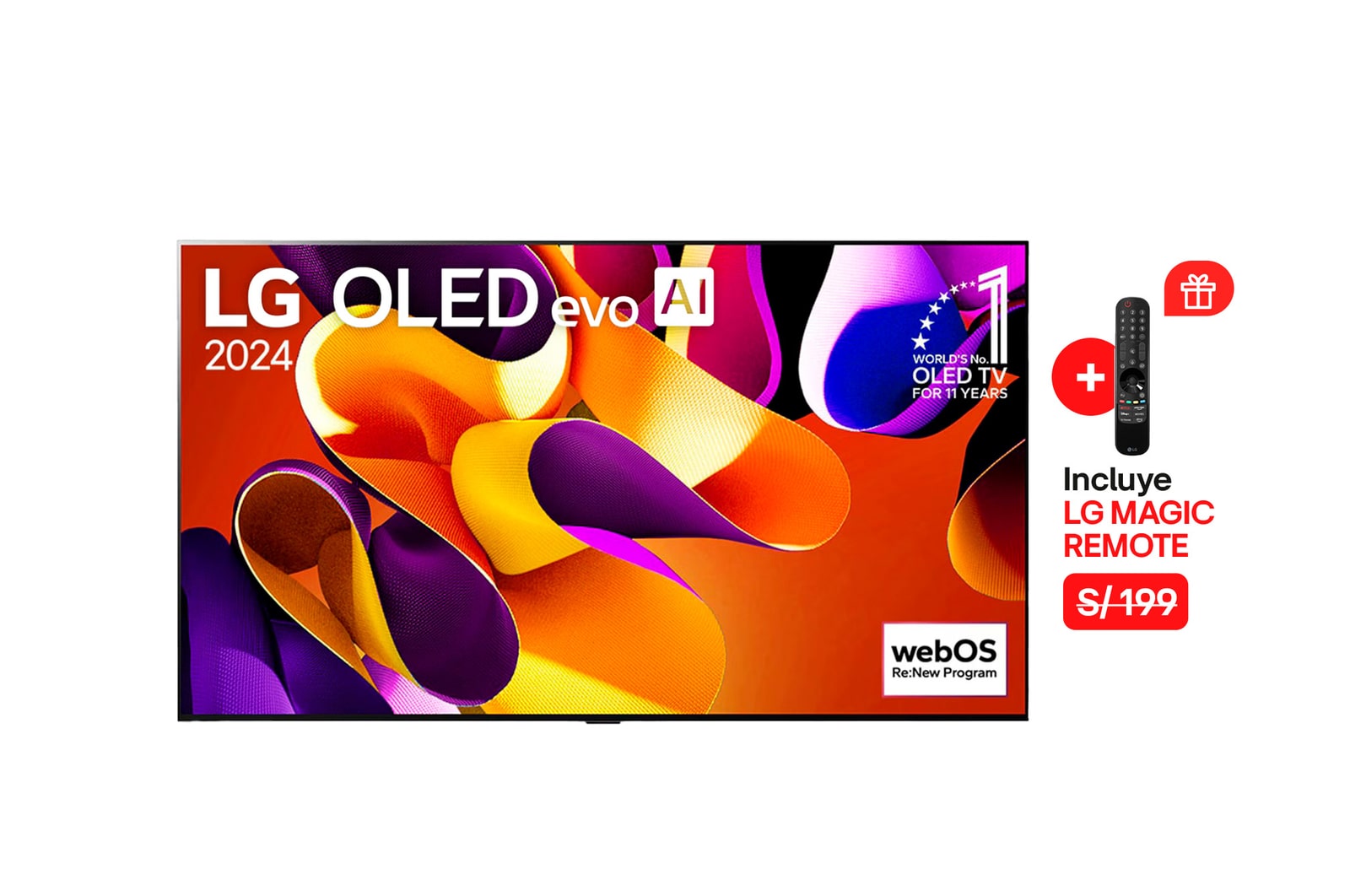 Vista frontal con LG OLED evo AI TV, OLED G4, 11 años del OLED Emblem número 1 del mundo y logotipo de webOS Re:New Program en pantalla, así como la Soundbar debajo