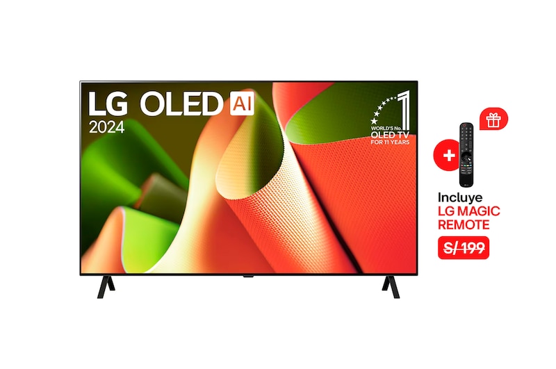 Vista frontal con LG OLED TV, OLED AI B4, 11 años del OLED Emblem número 1 del mundo y logotipo de webOS Re:New Program en pantalla con soporte de 2 polos