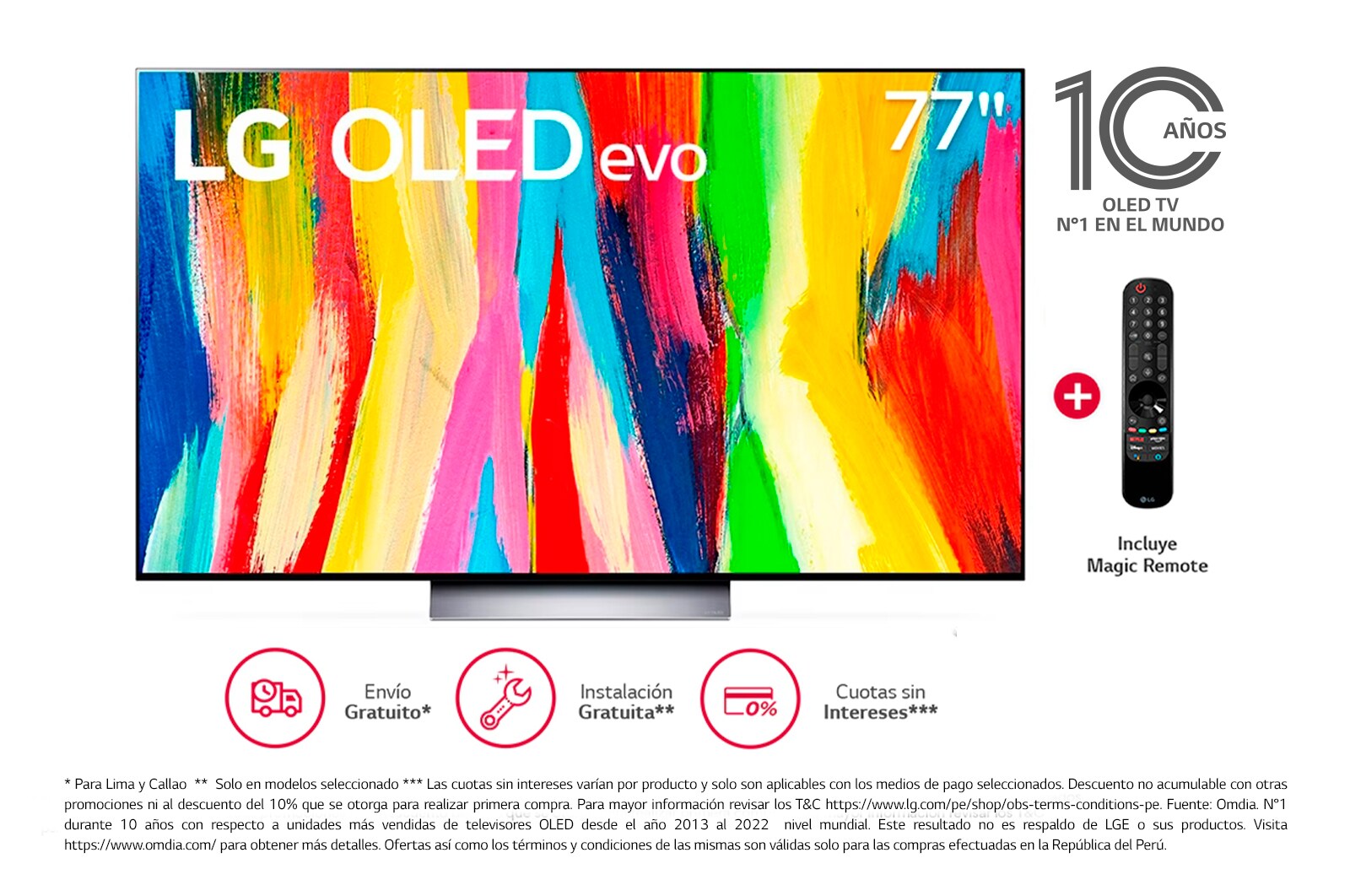 Vista frontal de LG OLED evo 77'' C2 4K Smart TV con ThinQ AI (Inteligencia Artificial), 4K Procesador Inteligente α9 generación 5 OLED77C2PSA