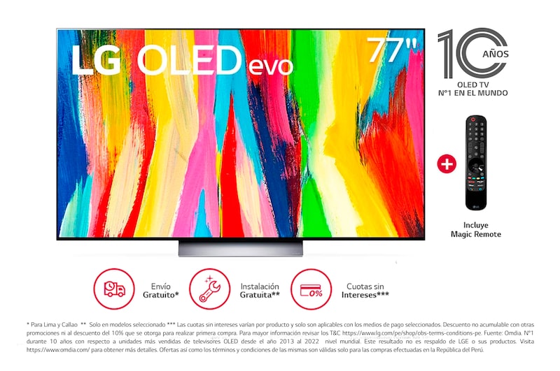 Vista frontal de LG OLED evo 77'' C2 4K Smart TV con ThinQ AI (Inteligencia Artificial), 4K Procesador Inteligente α9 generación 5 OLED77C2PSA