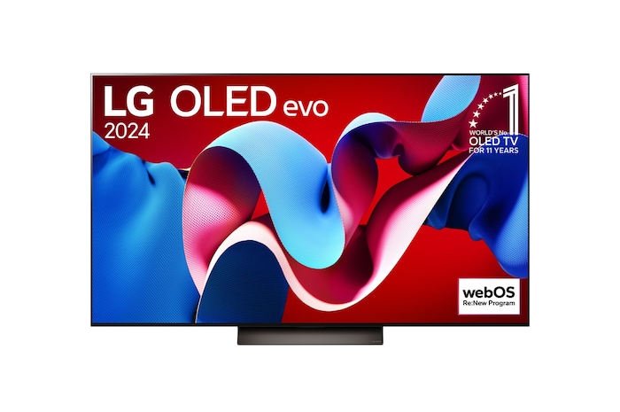 Vue de face de la TV OLED evo LG, OLED C4, logo de l’emblème OLED numéro 1 dans le monde pendant 11 ans et logo du programme webOS Re:New à l’écran.