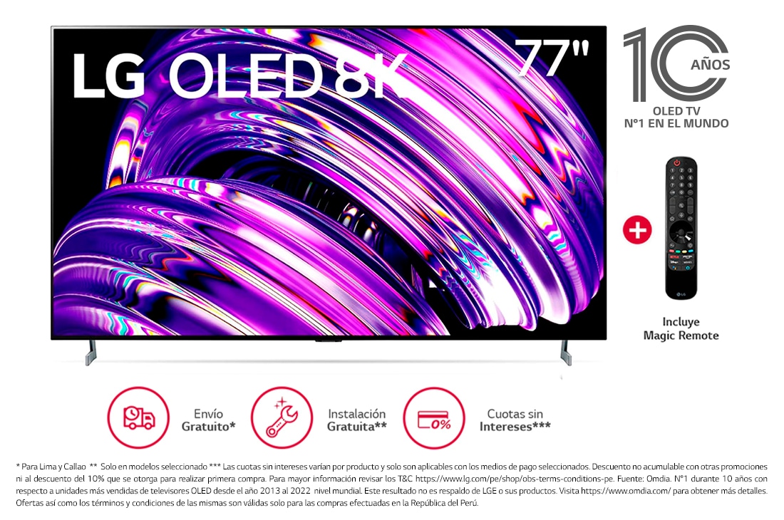 LG OLED 77'' Z2 8K Smart TV con ThinQ AI (Inteligencia Artificial), 8K Procesador Inteligente α9 generación 5, OLED77Z2PSA