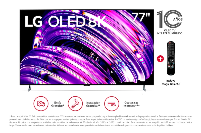 Vista frontal de LG OLED 77'' Z2 8K Smart TV con ThinQ AI (Inteligencia Artificial), 8K Procesador Inteligente α9 generación 5 OLED77Z2PSA