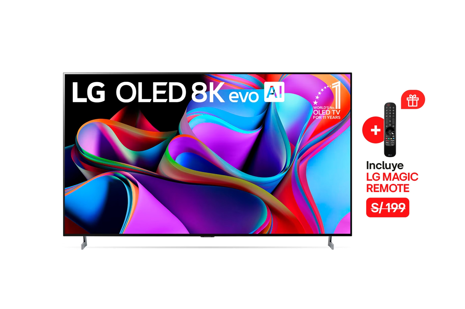 Vista frontal con LG OLED y Emblema 10 Años Marca OLED No.1 en el Mundo en la pantalla, así como la barra de sonido.