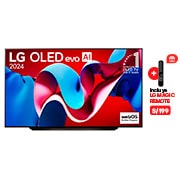 Vista frontal con LG OLED evo AI TV, OLED C4, 11 años del OLED Emblem número 1 del mundo y logotipo de webOS Re:New Program en pantalla