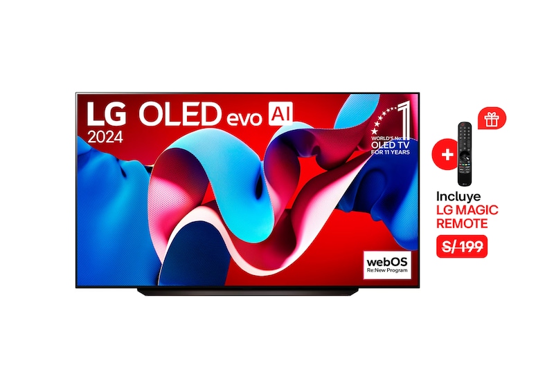Vista frontal con LG OLED evo AI TV, OLED C4, 11 años del OLED Emblem número 1 del mundo y logotipo de webOS Re:New Program en pantalla