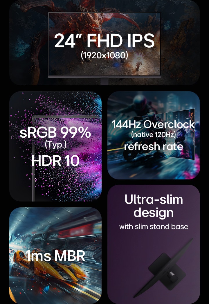 Pantalla IPS FHD de 24 pulgadas 1920 x 1080, sRGB 99 %, HDR 10, frecuencia de actualización de 144 Hz (120 Hz nativos), MRB de 1 ms, diseño ultradelgado