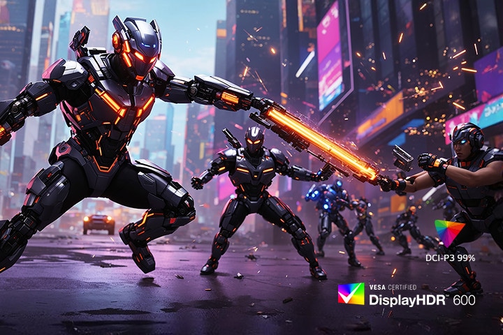 Futuristic armored warriors battling with energy weapons in a neon-lit city.