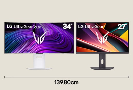 Dual gaming monitor setup with 34 inch WQHD and 27 inch QHD displays for expansive gameplay with 139.80 cm desk width