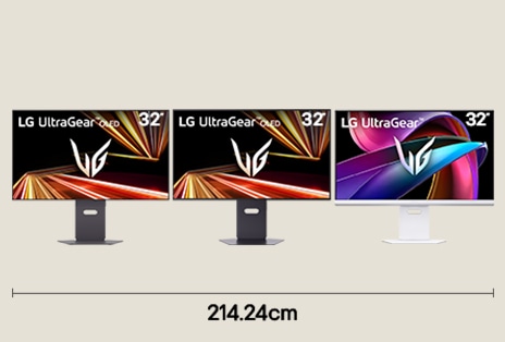 Triple gaming monitor setup with three 32 inch 4K UHD displays for panoramic gaming experience with 214.24 cm desk width