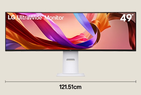 Single 49 inch super ultrawide monitor setup for immersive music and video creation workflow with 121.51 cm desk width