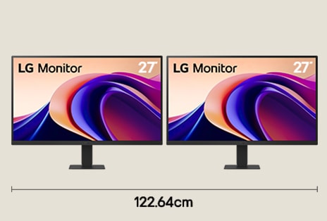 Dual monitor setup with two 27 inch QHD displays for multitasking office workflow with 122.64 cm desk width