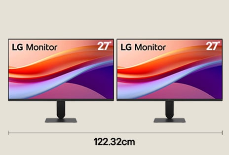 Dual monitor setup with two 27 inch FHD displays for efficient office workflow with 122.32 cm desk width