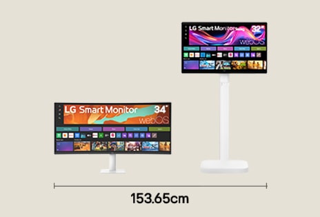Dual monitor setup with 34 inch WQHD and 32 inch 4K UHD displays for multitasking entertainment with 153.65 cm desk width
