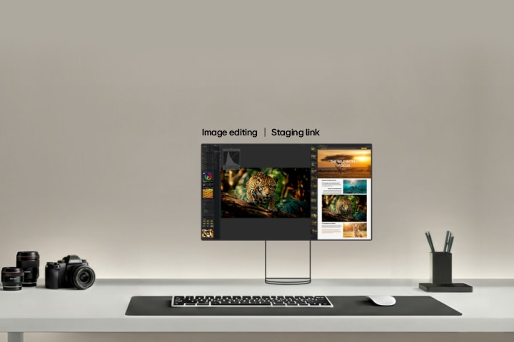 This video shows a dual monitor setup for photographers, where the main monitor displays high resolution photo editing, while the secondary monitor shows tool panels, reference images, and asset libraries to support detailed image editing and color correction workflow.