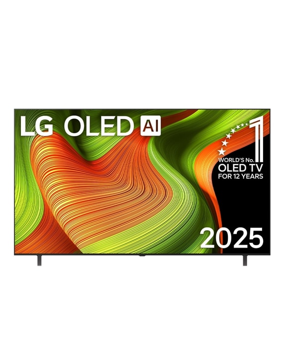 Vista de frente de la Smart TV LG OLED AI B5 4K. El emblema de OLED de ser el n.º 1 del mundo durante 12 años y el logo LG OLED AI 2025 aparecen en la pantalla.