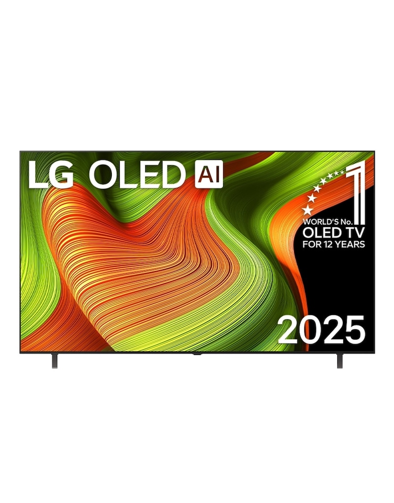 Vista de frente de la Smart TV LG OLED AI B5 4K. El emblema de OLED de ser el n.º 1 del mundo durante 12 años y el logo LG OLED AI 2025 aparecen en la pantalla.
