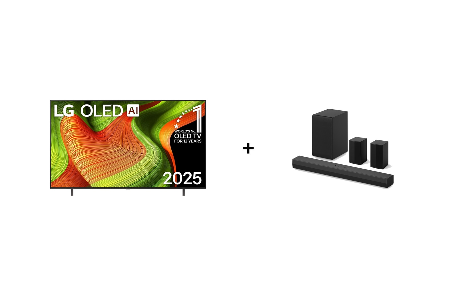 Vista frontal de 77" LG OLED AI B5 4K Smart TV 2025 + LG Soundbar | 400 W | 4.1 ch |incluye 2 altavoces traseros OLED77BS40T.ESPR