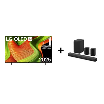 Vista frontal de 77" LG OLED AI B5 4K Smart TV 2025 + LG Soundbar | 400 W | 4.1 ch |incluye 2 altavoces traseros OLED77BS40T.ESPR