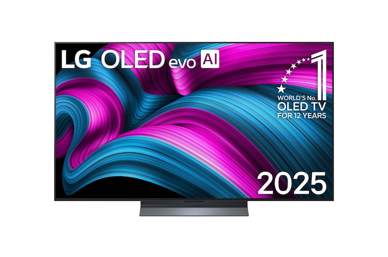 Front view of LG OLED evo  AI C5E 4K Smart TV. 12 Years of world number 1 OLED emblem and LG OLED evo AI 2025 logo are on the screen.