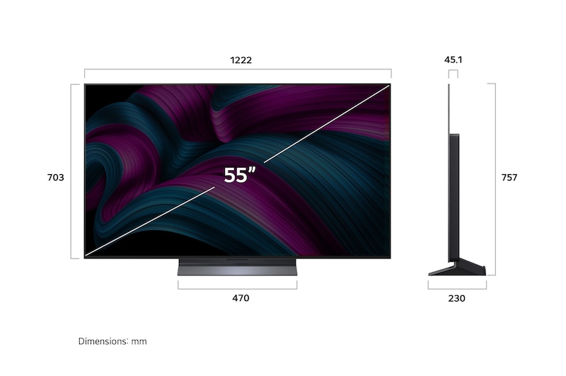 Front view and side view of LG OLED evo  AI C5E 4K Smart TV showing its length, width, height, and depth dimensions.