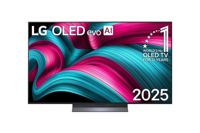 Vista de frente de la Smart TV LG OLED evo AI C5 4K. El emblema “OLED, número 1 del mundo durante 12 años” y el logotipo de LG OLED evo AI 2025 aparecen en la pantalla.
