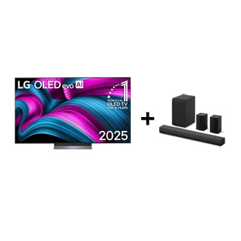 Vista frontal de 65" LG OLED evo AI C5 4K Smart TV 2025 + LG Soundbar | 400 W | 4.1 ch |incluye 2 altavoces traseros OLED65CS40T.ESPR