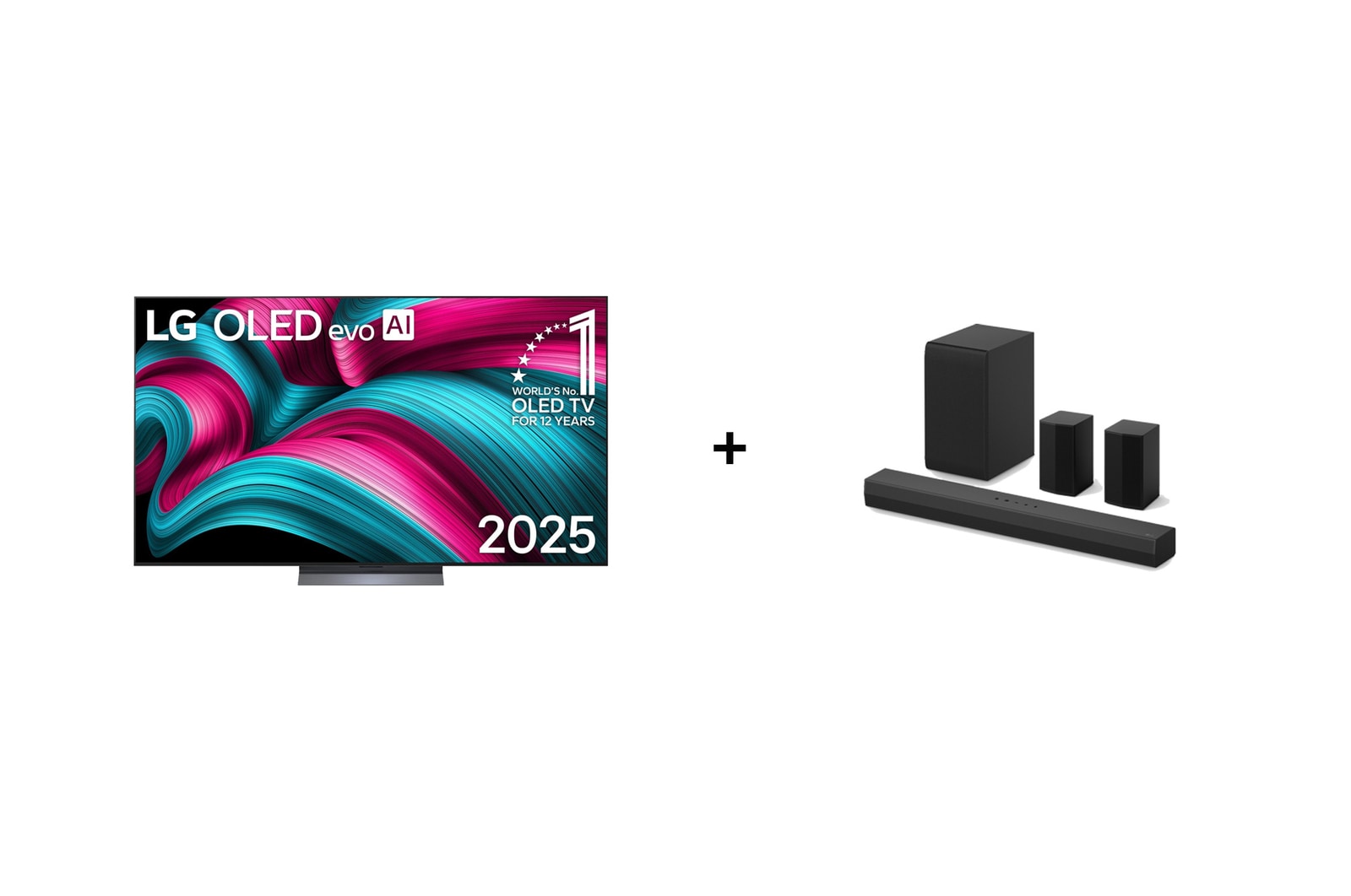 Vista frontal de 77" LG OLED evo AI C5 4K Smart TV 2025 + LG Soundbar | 400 W | 4.1 ch |incluye 2 altavoces traseros OLED77CS40T.ESPR