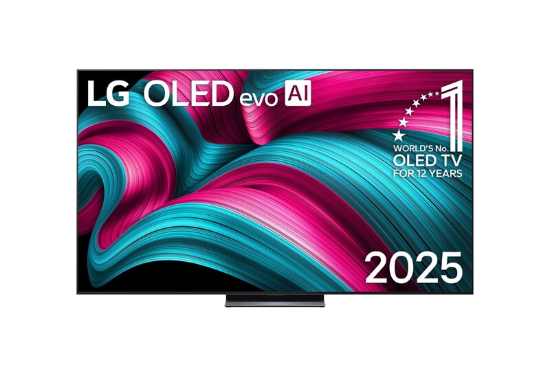 Vista de frente de la Smart TV LG OLED evo AI C5 4K. El emblema “OLED, número 1 del mundo durante 12 años” y el logotipo de LG OLED evo AI 2025 aparecen en la pantalla.