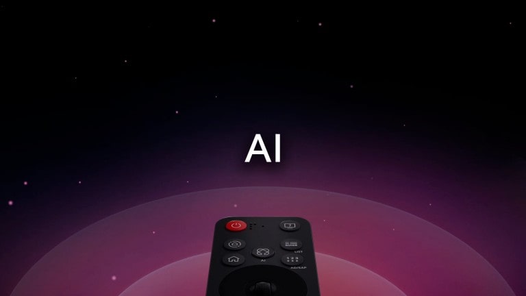 LG AI Magic Remote con el botón de IA resaltado. Hay una representación gráfica de UI con íconos sobre cómo el botón de IA permite a los usuarios acceder a diferentes funcionalidades con IA. Los servicios incluyen AI Voice ID, AI Search, AI Chatbot, AI Concierge, AI Picture Wizard y AI Sound Wizard. Luego se muestra la funcionalidad cuando el cursor aparece sobre una interfaz, mostrando cómo se puede usar la cámara remota como ratón aéreo para simplemente apuntar y hacer clic.