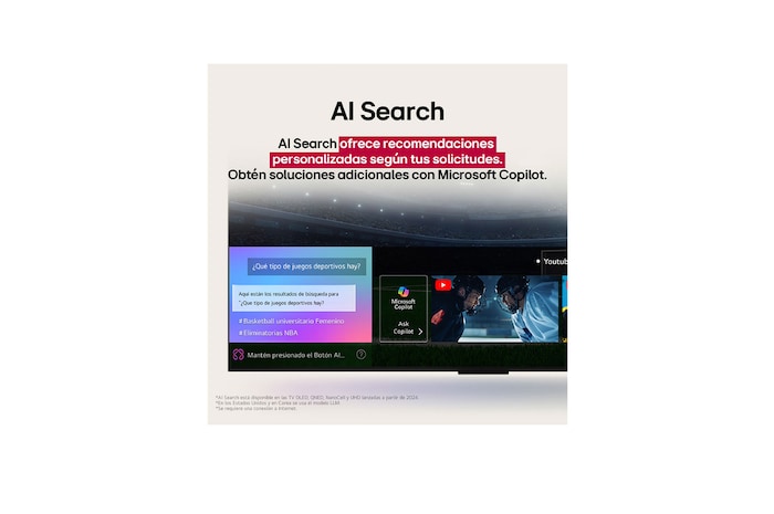 LG AI Magic Remote with the AI button highlighted. Around it are the different functionalities that a user can access from the button. AI Voice ID, AI Search, AI Chatbot, AI Concierge, AI Picture Wizard, AI Sound Wizard. The text explains that the LG AI Magic Remote completes your AI experience with a dedicated AI button and can be used like an air mouse. Just point and click.