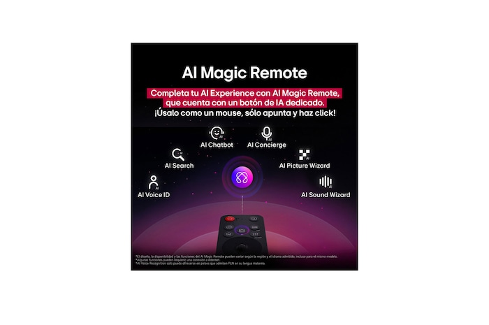 LG TV screen with an AI Magic Remote on the foreground. The AI button is highlighted and a speech bubble shows text, suggest a movie I like. On the screen we see the user icon E, indicating how AI Voice ID was able to identify which user it was and give personalized recommendations just based on their voice. 