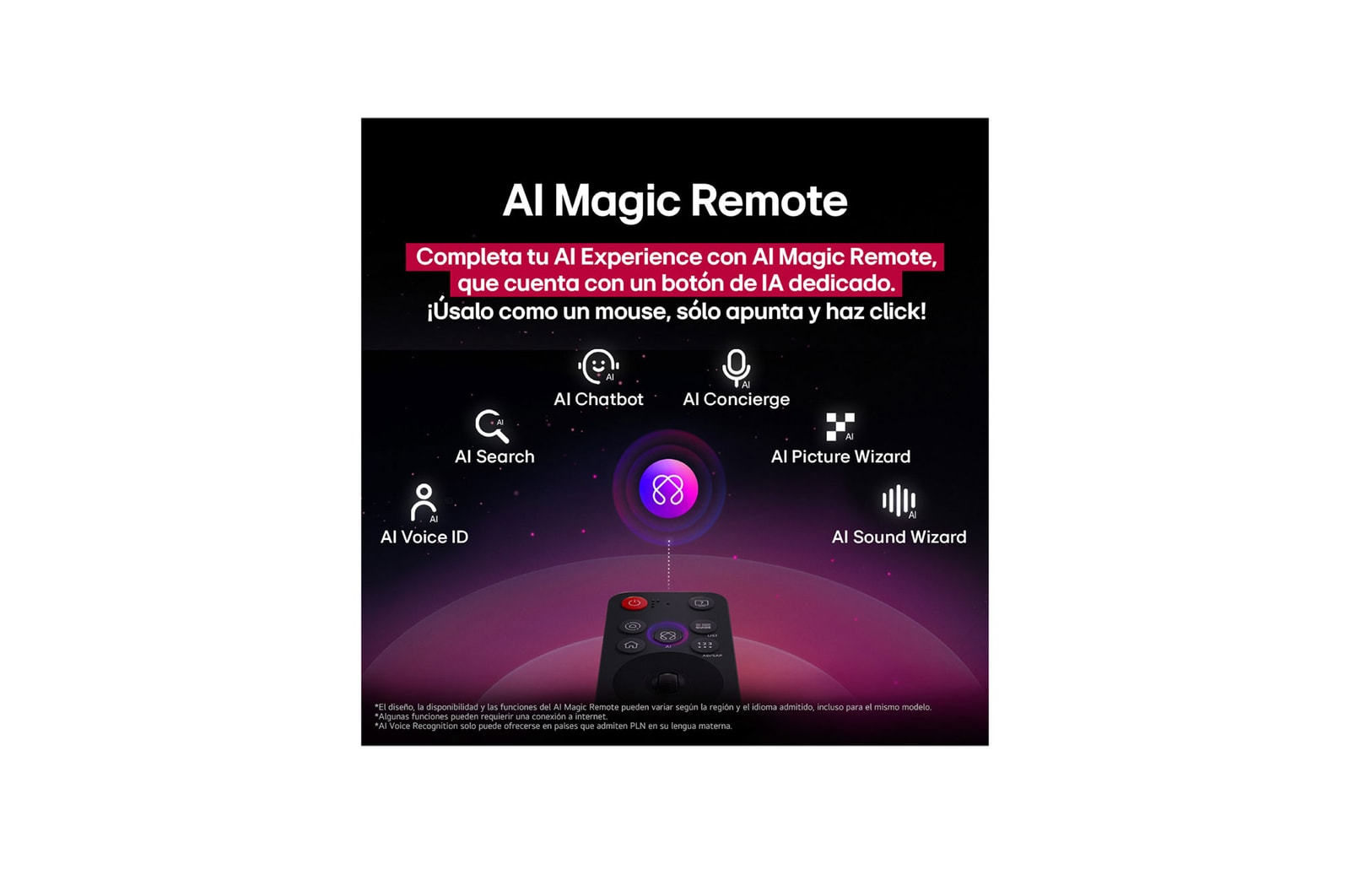 LG TV screen with an AI Magic Remote on the foreground. The AI button is highlighted and a speech bubble shows text, suggest a movie I like. On the screen we see the user icon E, indicating how AI Voice ID was able to identify which user it was and give personalized recommendations just based on their voice. 