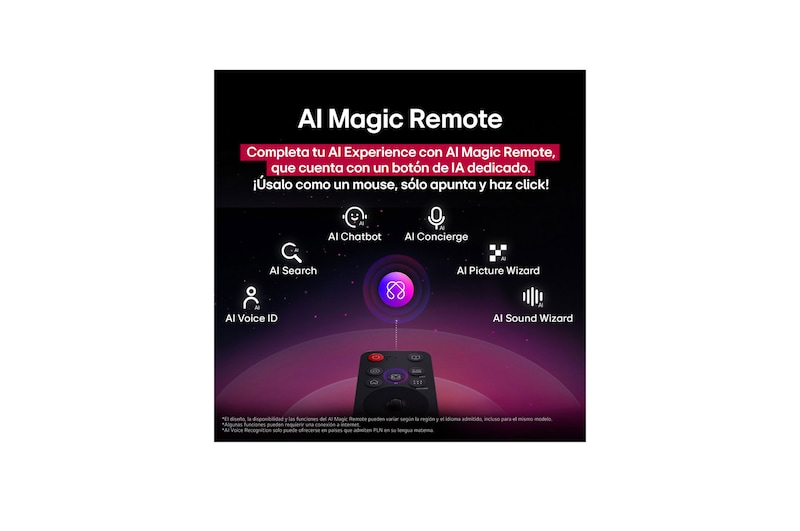 LG TV screen with an AI Magic Remote on the foreground. The AI button is highlighted and a speech bubble shows text, suggest a movie I like. On the screen we see the user icon E, indicating how AI Voice ID was able to identify which user it was and give personalized recommendations just based on their voice. 