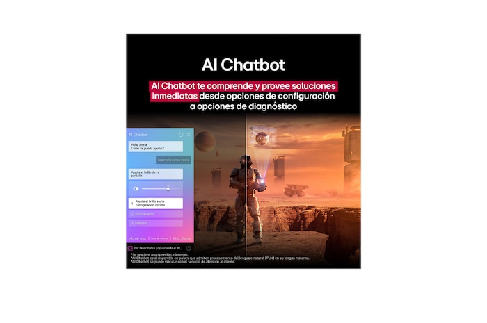 LG AI Magic Remote in front of an LG TV screen. On the screen is a personalized greeting from the LG AI with custom keywords based on the user's search and watch history. By the remote is an icon and label showing that the AI Concierge functionality is easily accessible with one short press on the AI button. 