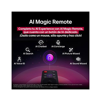 LG TV screen with an AI Magic Remote on the foreground. The AI button is highlighted and a speech bubble shows text, suggest a movie I like. On the screen we see the user icon E, indicating how AI Voice ID was able to identify which user it was and give personalized recommendations just based on their voice. 