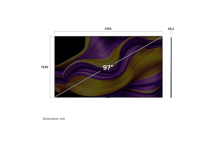 Front view and side view of LG OLED evo AI G5 4K Smart TV showing its length, width, height, and depth dimensions.