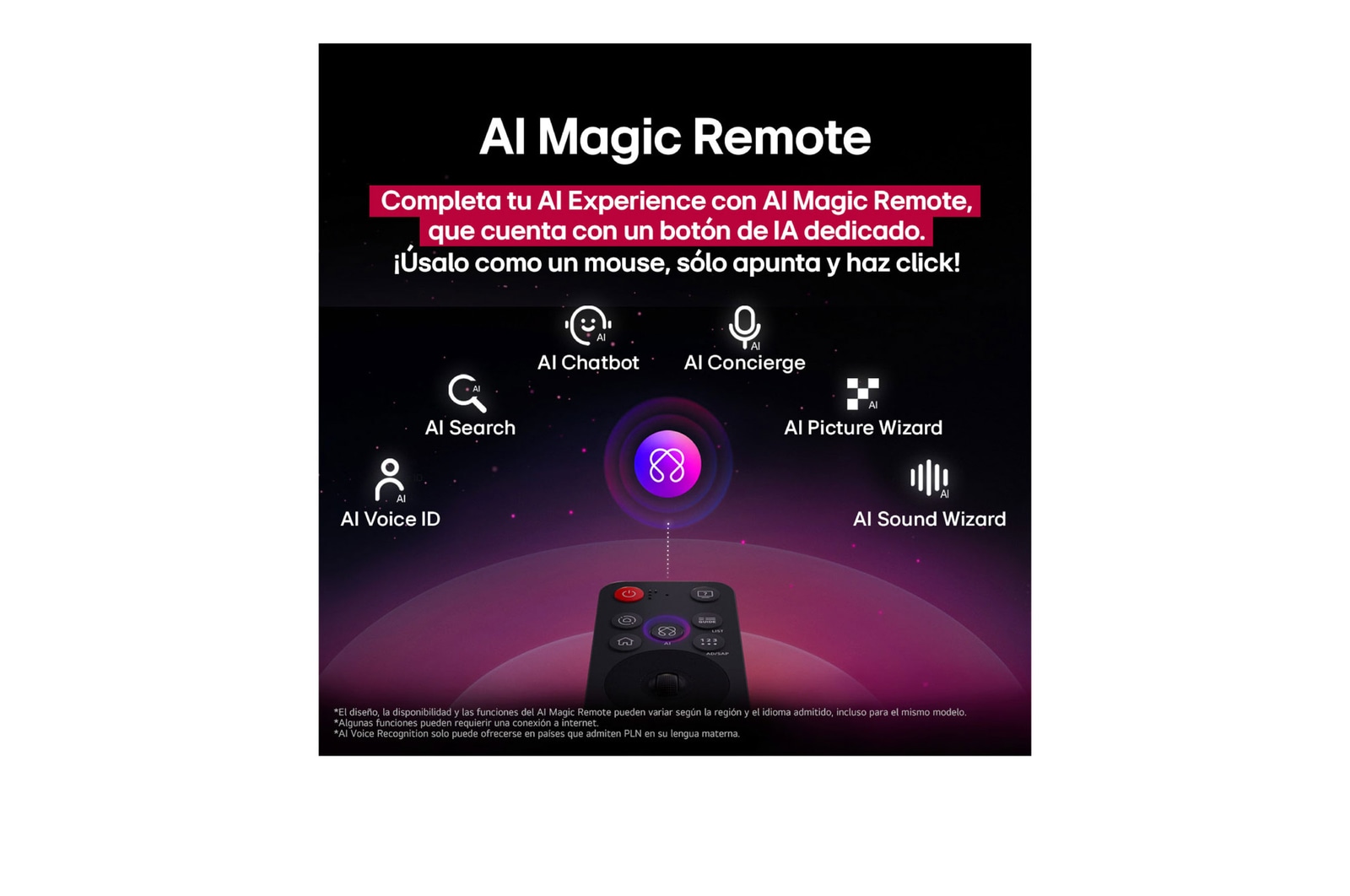 LG TV screen with an AI Magic Remote on the foreground. The AI button is highlighted and a speech bubble shows text, suggest a movie I like. On the screen we see the user icon E, indicating how AI Voice ID was able to identify which user it was and give personalized recommendations just based on their voice. 