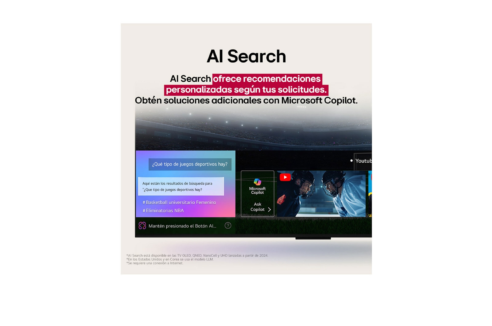 LG AI Magic Remote with the AI button highlighted. Around it are the different functionalities that a user can access from the button. AI Voice ID, AI Search, AI Chatbot, AI Concierge, AI Picture Wizard, AI Sound Wizard. The text explains that the LG AI Magic Remote completes your AI experience with a dedicated AI button and can be used like an air mouse. Just point and click.